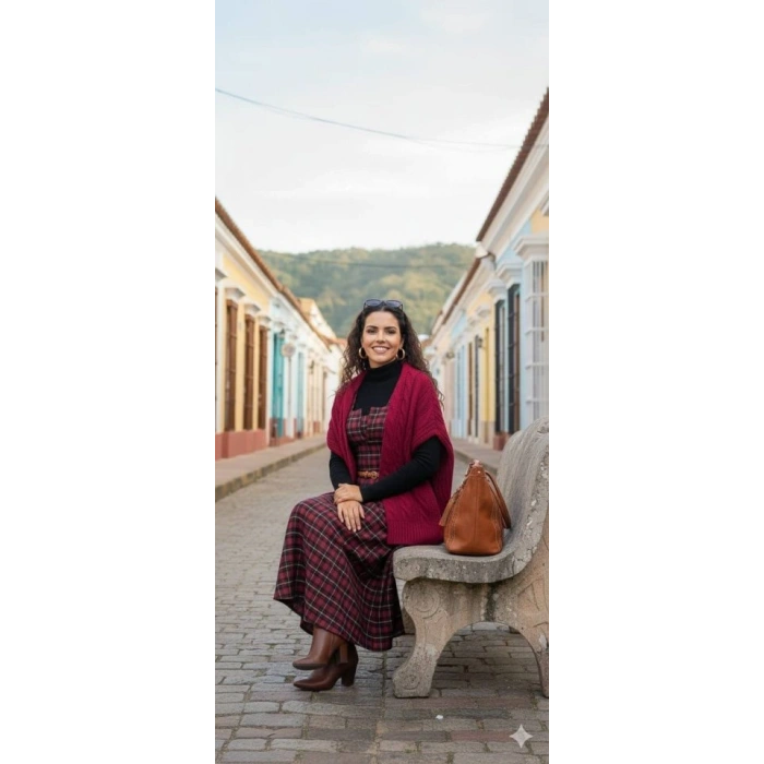 MDB Kadın Omuz Askılı Full Ekose Detay Elbise