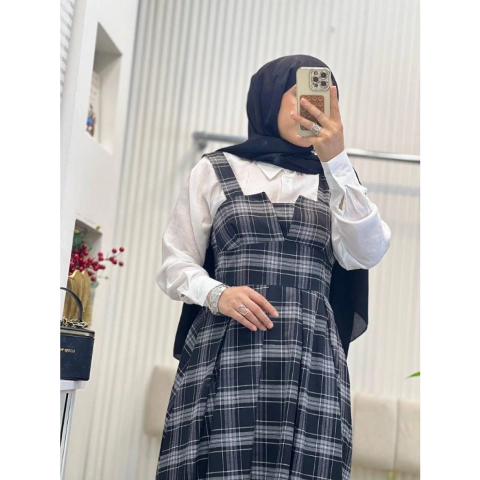 MDB Kadın Omuz Askılı Full Ekose Detay Elbise