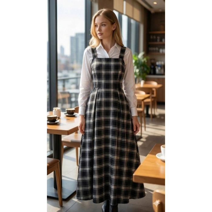 MDB Kadın Omuz Askılı Full Ekose Detay Elbise