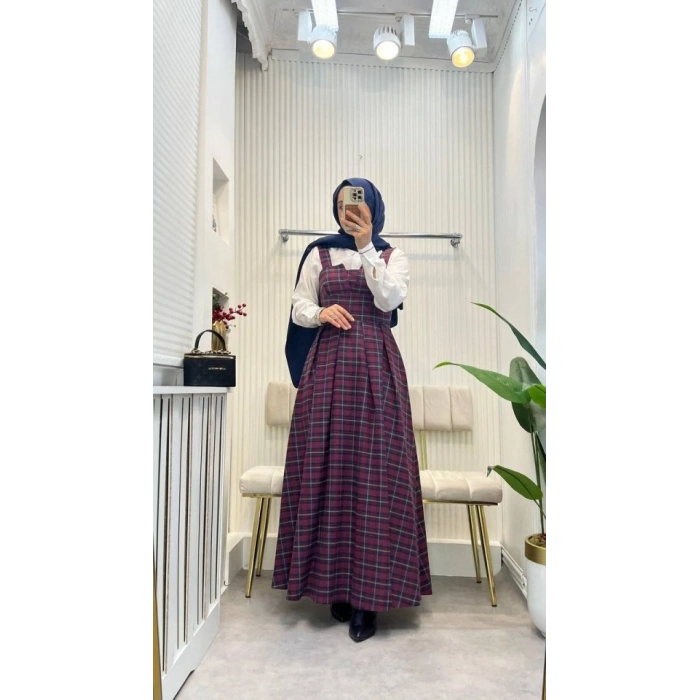 MDB Kadın Omuz Askılı Full Ekose Detay Elbise