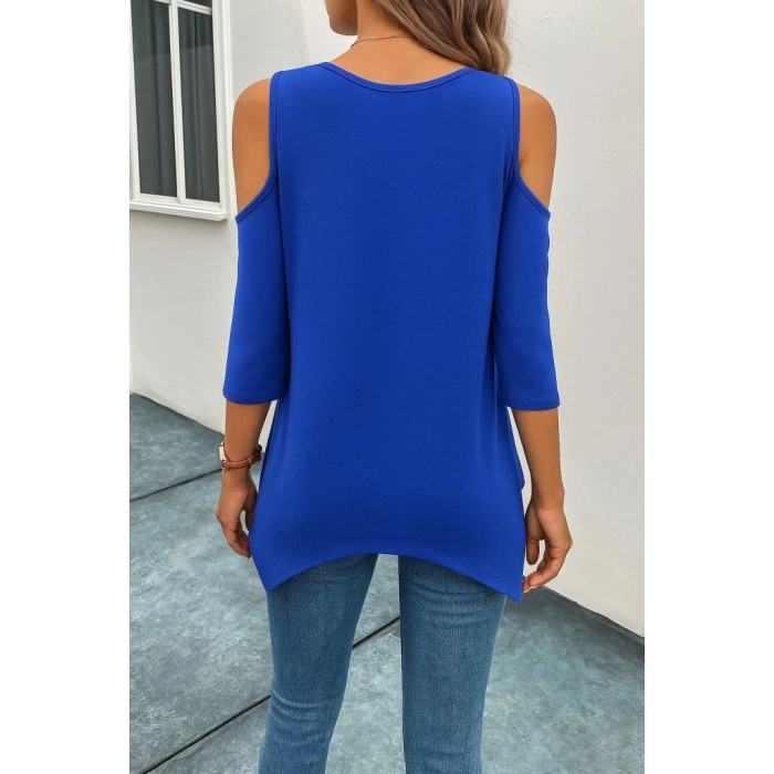 MDB Kadın Omuzlardan Açık Sıfır Yaka Asimetrik Kesim Detay Viskon Bluz