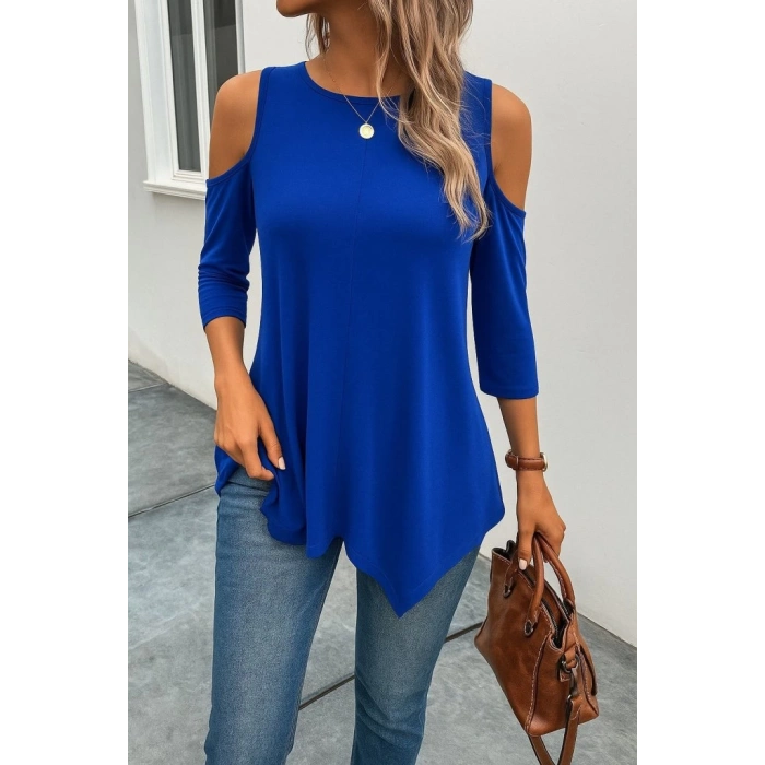 MDB Kadın Omuzlardan Açık Sıfır Yaka Asimetrik Kesim Detay Viskon Bluz