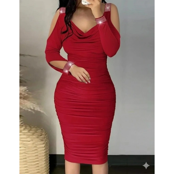 MDB Kadın Omuzlardan Açık Uzun Kollu Taşlı Degaje Yakalı Sandy Midi Elbise