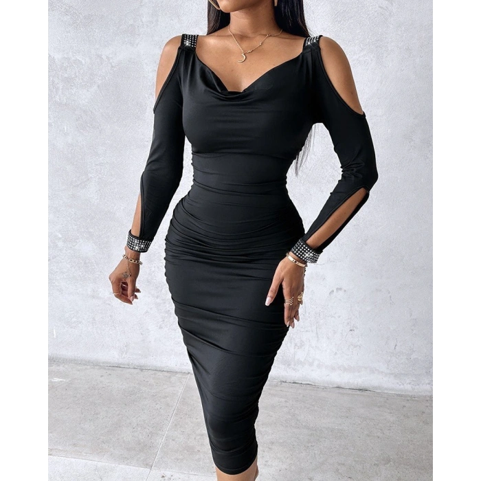 MDB Kadın Omuzlardan Açık Uzun Kollu Taşlı Degaje Yakalı Sandy Midi Elbise