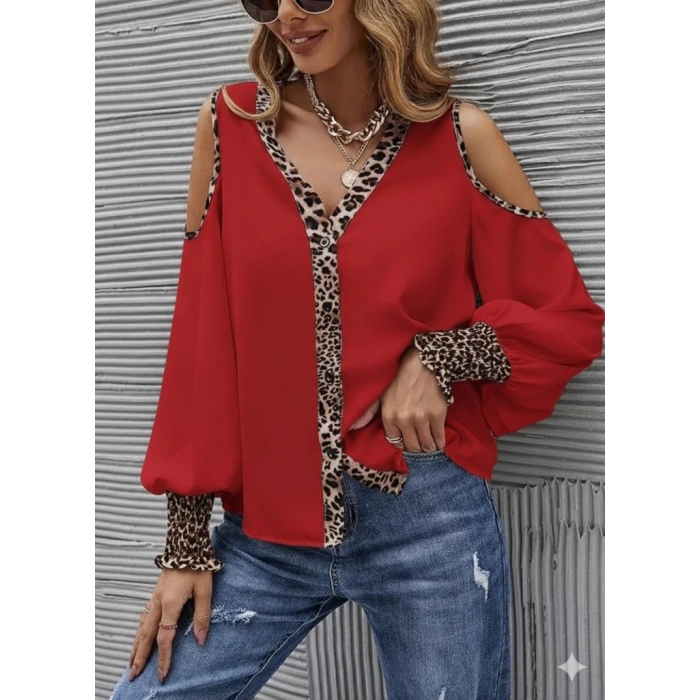 MDB Kadın Omuzlardan Açık Yakalı önden Düğmeli Leopar Detaylı Sandy Bluz