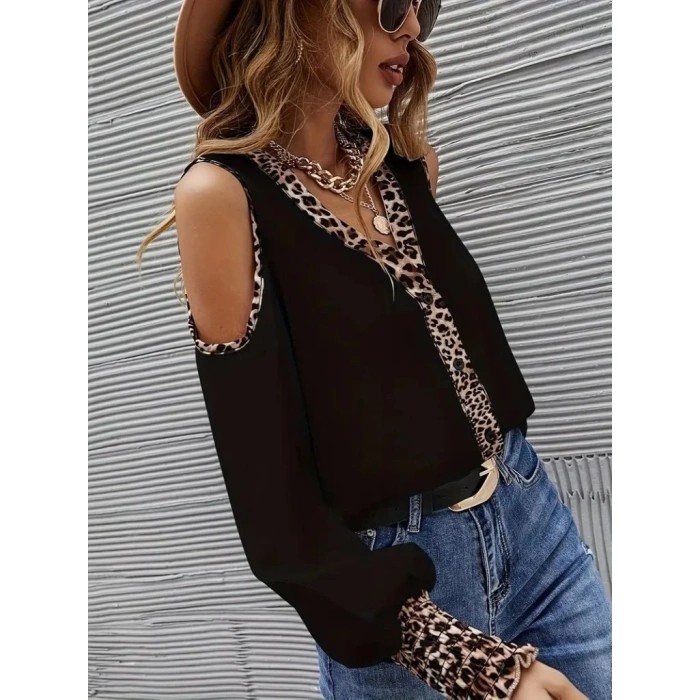 MDB Kadın Omuzlardan Açık Yakalı önden Düğmeli Leopar Detaylı Sandy Bluz