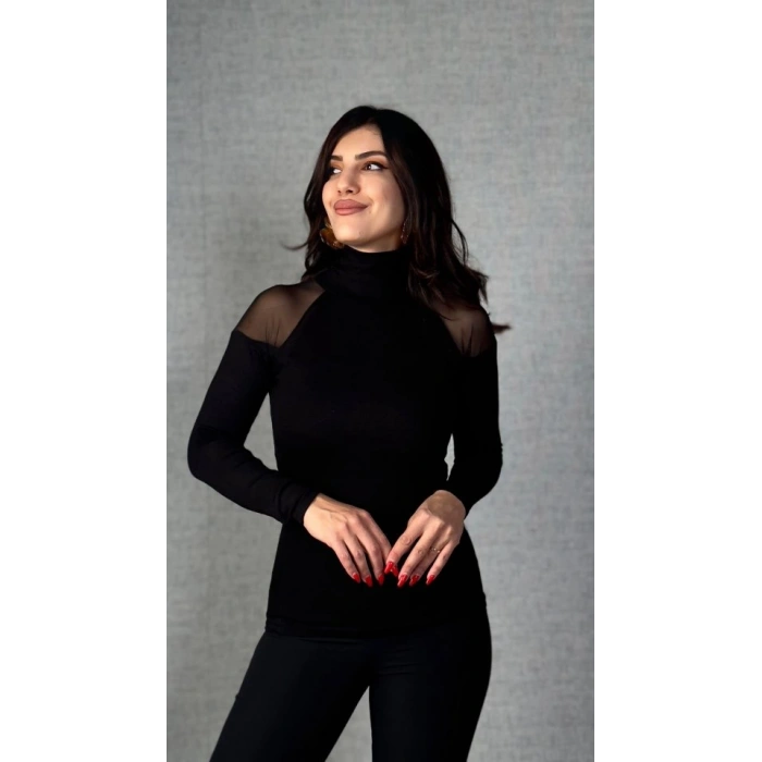 MDB Kadın Omuzları Tül Balıkçı Yaka Viskon Kumaş Bluz