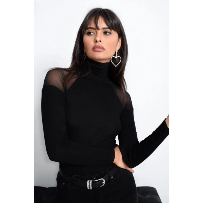 MDB Kadın Omuzları Tül Balıkçı Yaka Viskon Kumaş Bluz