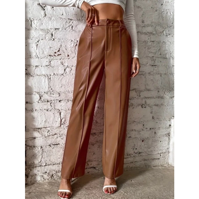 MDB Kadın önden Fermuarlı Cepli Geniş Kesim Lame Deri Pantolon