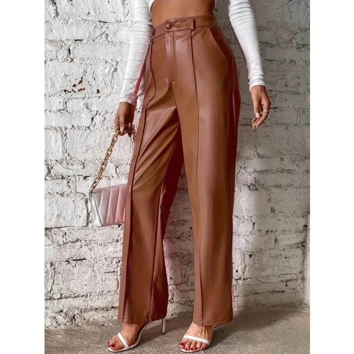 MDB Kadın önden Fermuarlı Cepli Geniş Kesim Lame Deri Pantolon