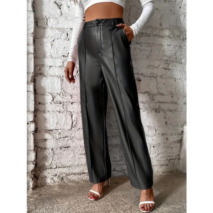 MDB Kadın önden Fermuarlı Cepli Geniş Kesim Lame Deri Pantolon