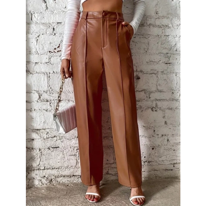 MDB Kadın önden Fermuarlı Cepli Geniş Kesim Lame Deri Pantolon