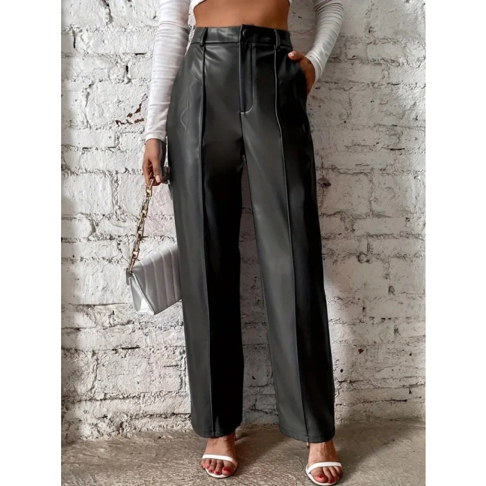 MDB Kadın önden Fermuarlı Cepli Geniş Kesim Lame Deri Pantolon