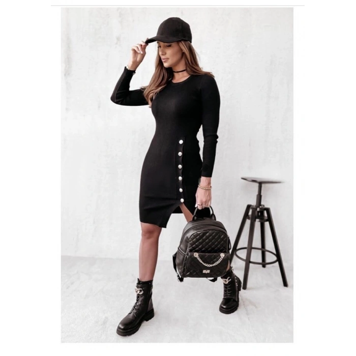 MDB Kadın Siyah Uzun Kollu Bisiklet Yaka Yan Yırtmaç Düğme Detay Kısa Kaşkorse Elbise