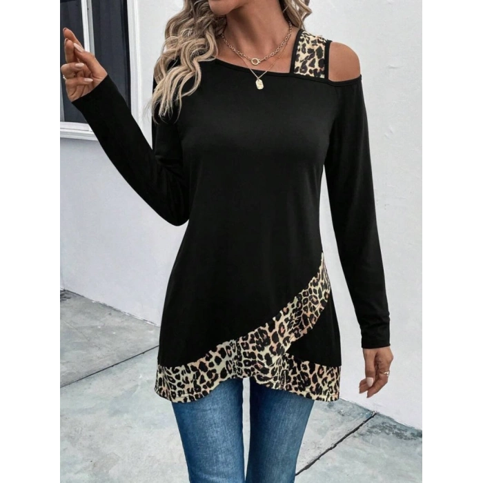 MDB Kadın Tek O Uzdan Açık Askılı Uzun Kollu Leopar Detaylı Viskon Bluz