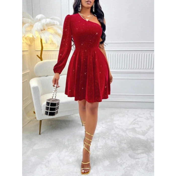 MDB Kadın Tek Omuzdan Açık Uzun Kollu Taşlı Mini Elbise