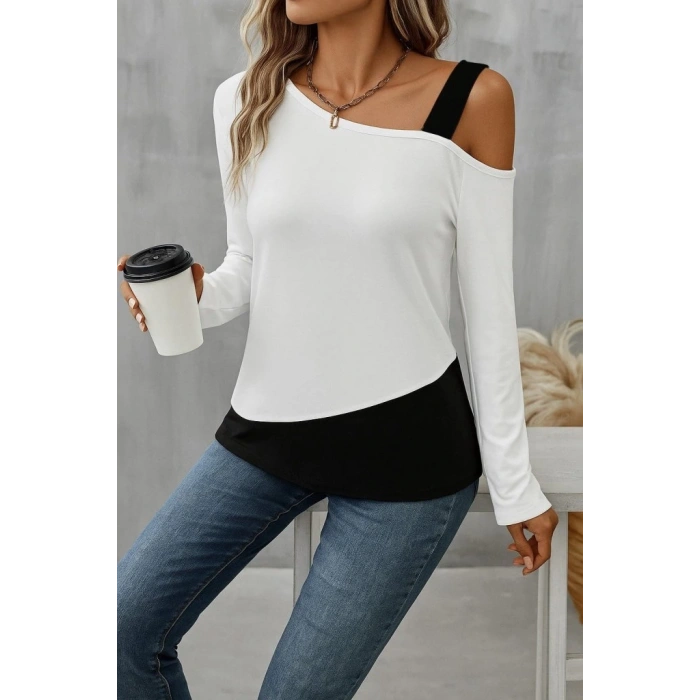 MDB Kadın Tek Omuzu Açık Askılı çift Renkli Uzun Kollu Viskon Bluz