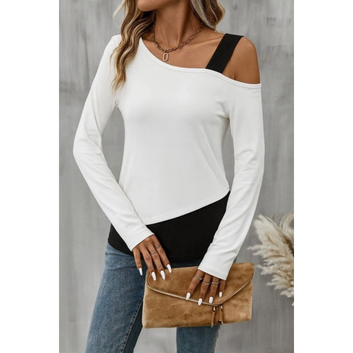 MDB Kadın Tek Omuzu Açık Askılı çift Renkli Uzun Kollu Viskon Bluz