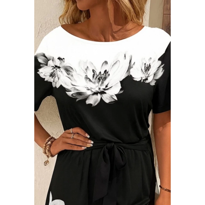 MDB Kadın Tek Omuzu Açık çiçek Desenli Beli Kuşaklı Iki Iplik Mini Short Tulum