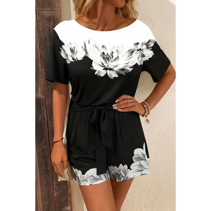 MDB Kadın Tek Omuzu Açık çiçek Desenli Beli Kuşaklı Iki Iplik Mini Short Tulum