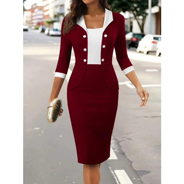 MDB Kadın Truvakar Kol çift Renkli Düğmeli Kısa Ithal Krep Elbise