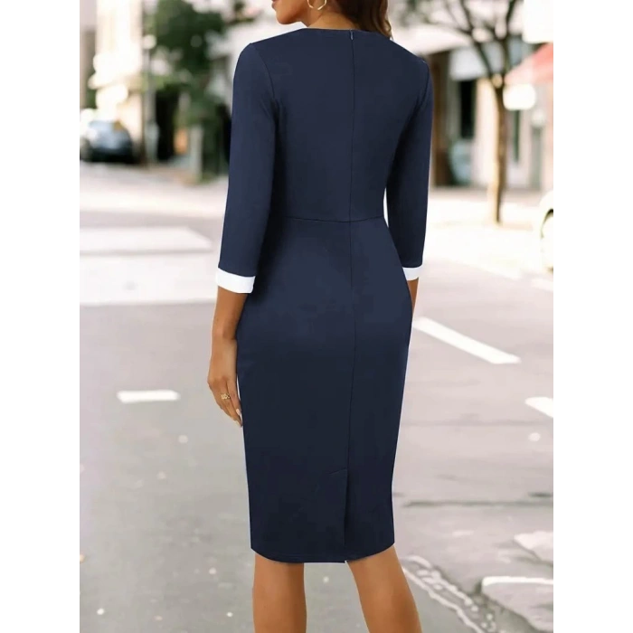 MDB Kadın Truvakar Kol çift Renkli Düğmeli Kısa Ithal Krep Elbise