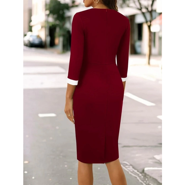 MDB Kadın Truvakar Kol çift Renkli Düğmeli Kısa Ithal Krep Elbise