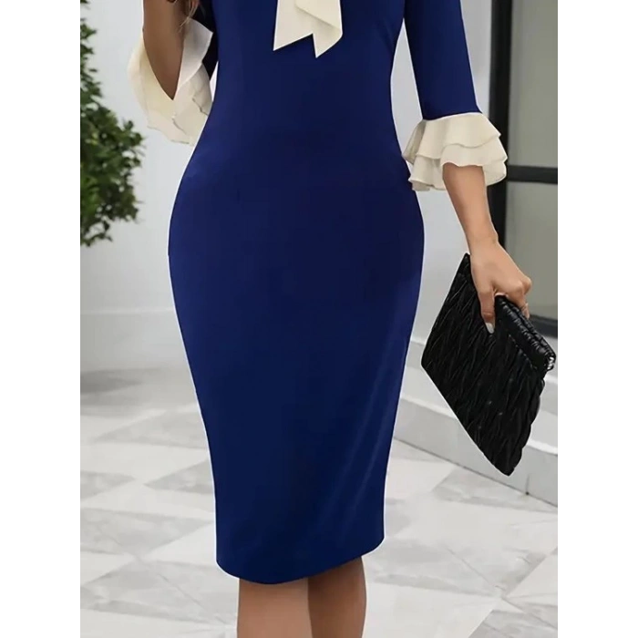 MDB Kadın Truvakar Kollu Fiyonk Yakalı Midi Ithal Krep Elbise