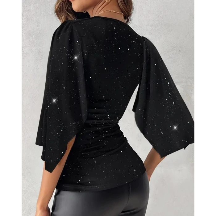 MDB Kadın Truvakar Kollu Kruvaze Yakalı Simli Sandy Bluz