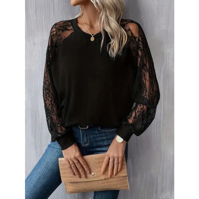 MDB Kadın Uzun Dantel Kollu Bisiklet Yaka Viskon Bluz