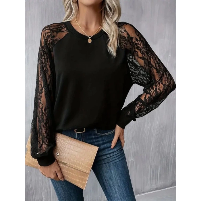 MDB Kadın Uzun Dantel Kollu Bisiklet Yaka Viskon Bluz