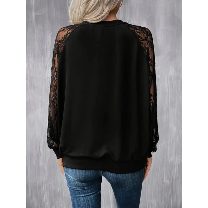 MDB Kadın Uzun Dantel Kollu Bisiklet Yaka Viskon Bluz