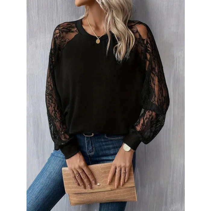 MDB Kadın Uzun Dantel Kollu Bisiklet Yaka Viskon Bluz