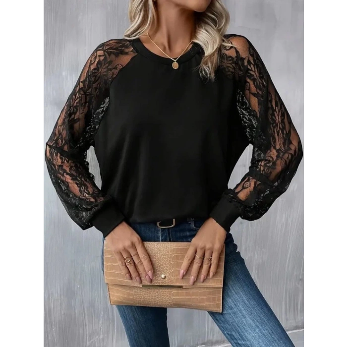 MDB Kadın Uzun Dantel Kollu Bisiklet Yaka Viskon Bluz