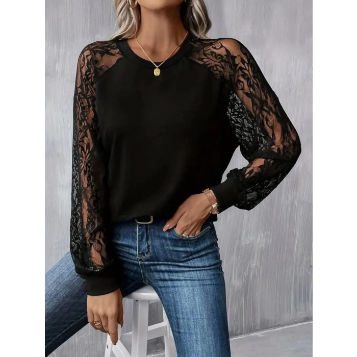 MDB Kadın Uzun Dantel Kollu Bisiklet Yaka Viskon Bluz