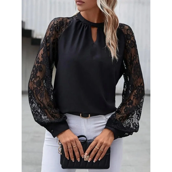 MDB Kadın Uzun Dantel Kollu Yuvarlak Yakalı Sandy Bluz