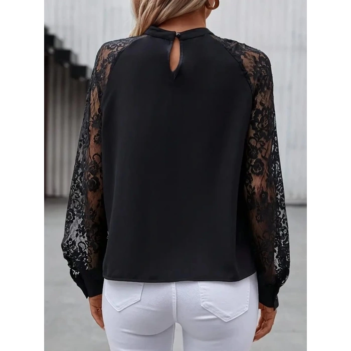 MDB Kadın Uzun Dantel Kollu Yuvarlak Yakalı Sandy Bluz