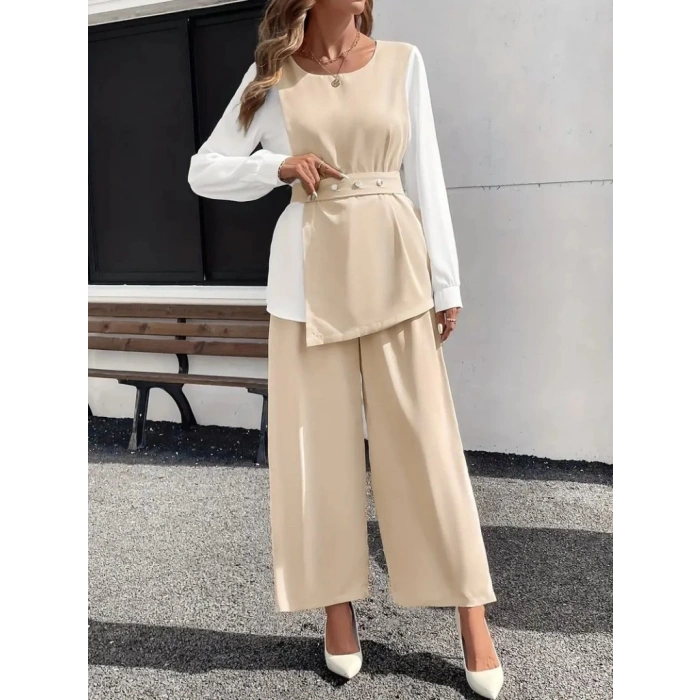 MDB Kadın Uzun Kollu Açık Yakalı çift Renkli Kemerli Ithal Krep Ikili Takım