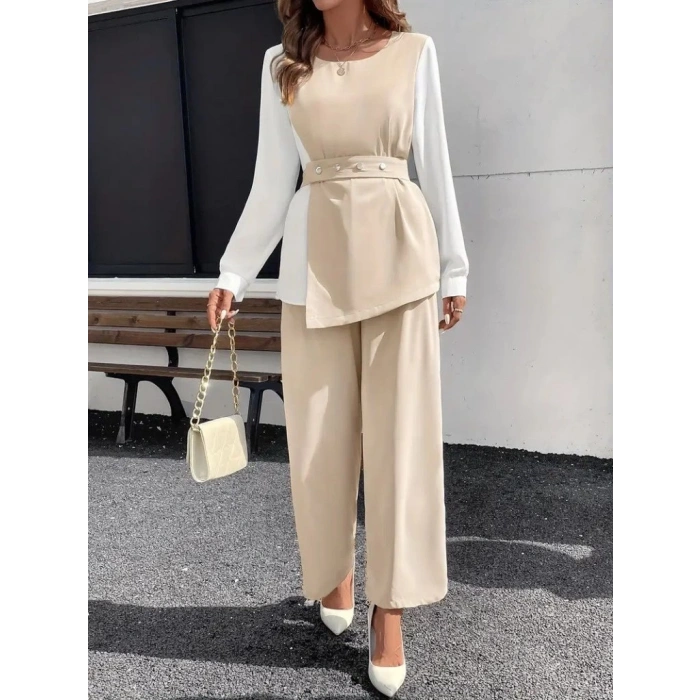 MDB Kadın Uzun Kollu Açık Yakalı çift Renkli Kemerli Ithal Krep Ikili Takım