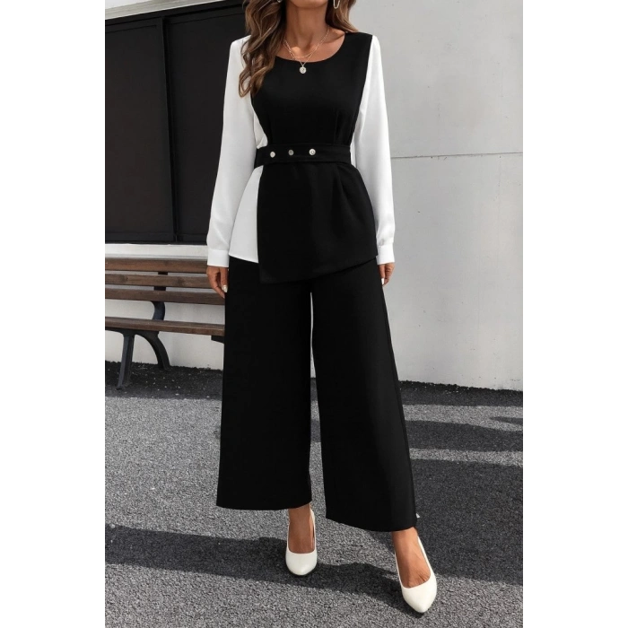 MDB Kadın Uzun Kollu Açık Yakalı çift Renkli Kemerli Ithal Krep Ikili Takım