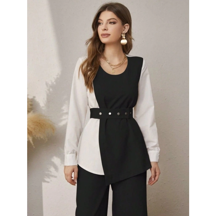 MDB Kadın Uzun Kollu Açık Yakalı çift Renkli Kemerli Ithal Krep Ikili Takım