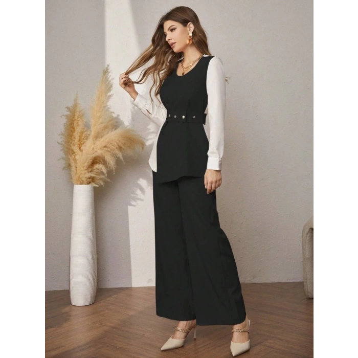 MDB Kadın Uzun Kollu Açık Yakalı çift Renkli Kemerli Ithal Krep Ikili Takım