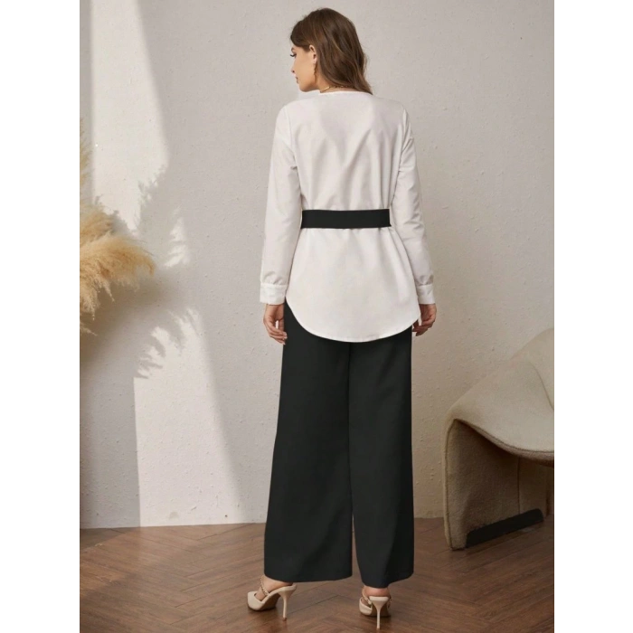 MDB Kadın Uzun Kollu Açık Yakalı çift Renkli Kemerli Ithal Krep Ikili Takım