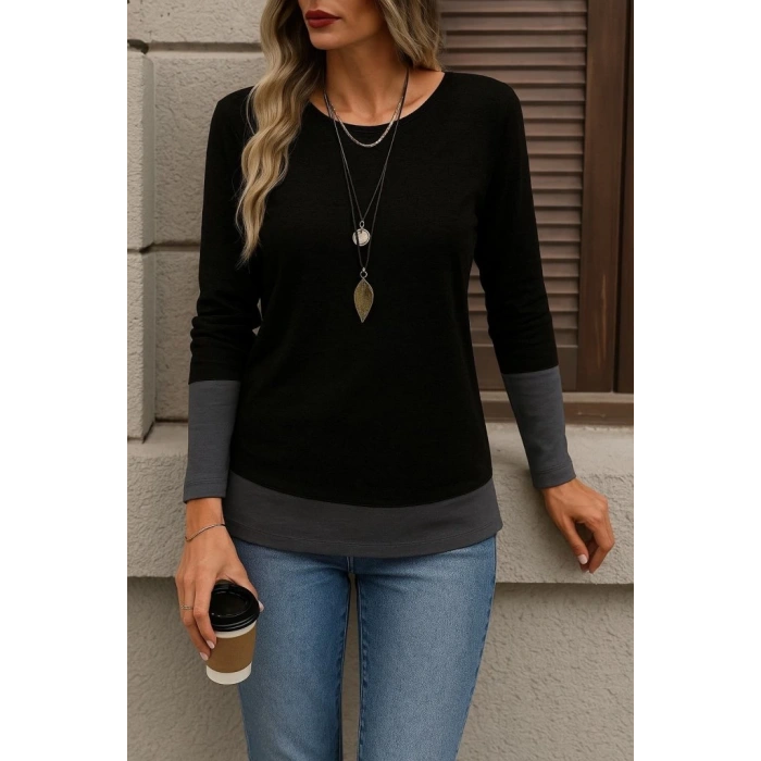 MDB Kadın Uzun Kollu Açık Yuvarlak Yaka Blok Renkli Viskon Bluz