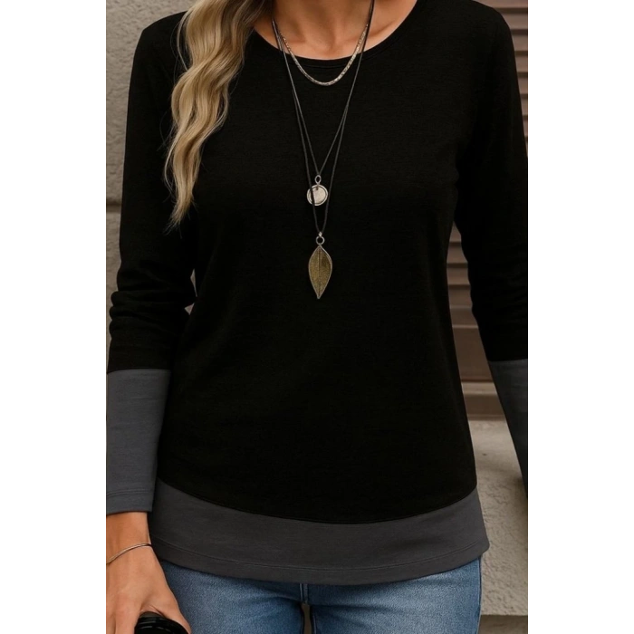 MDB Kadın Uzun Kollu Açık Yuvarlak Yaka Blok Renkli Viskon Bluz