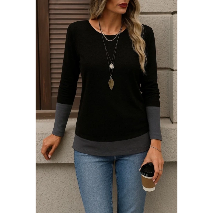 MDB Kadın Uzun Kollu Açık Yuvarlak Yaka Blok Renkli Viskon Bluz