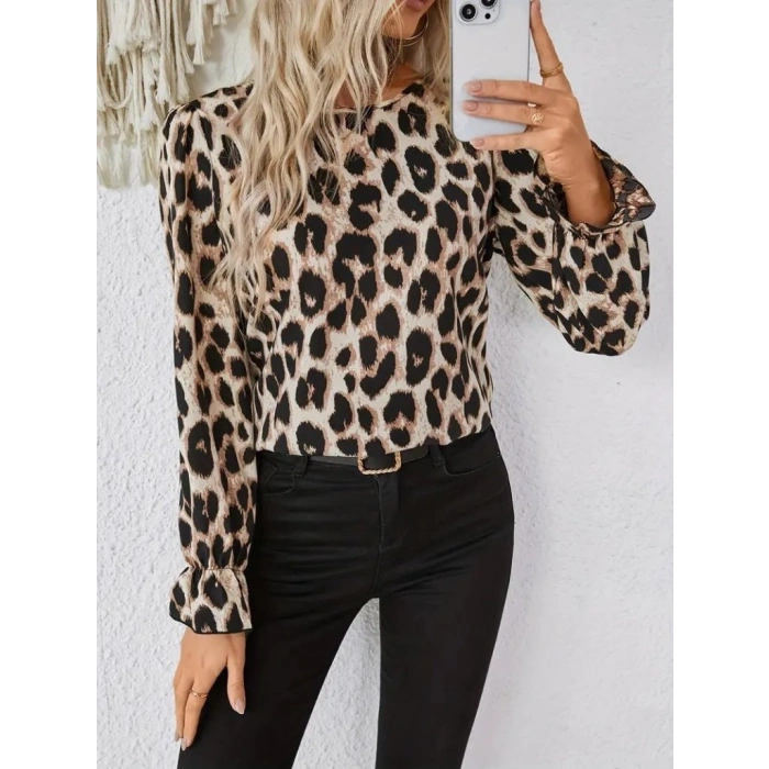 MDB Kadın Uzun Kollu Arkadan Fiyonk Detaylı Leopar Desenli Süprem Bluz