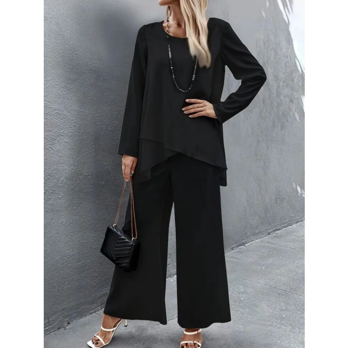 MDB Kadın Uzun Kollu Asimetrik Detaylı Salaş Sandy Bluz Ve Pantolon Ikili Takım
