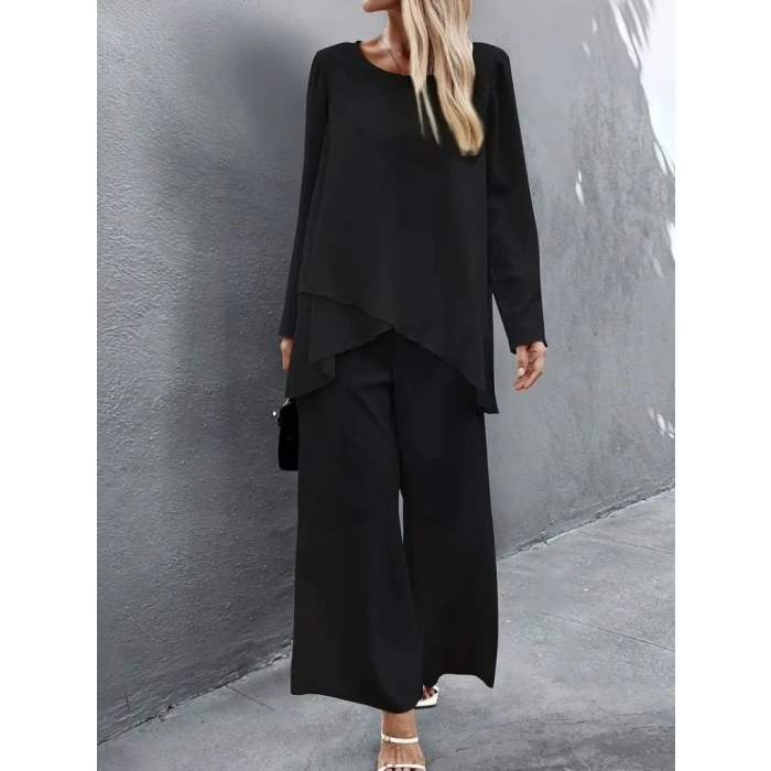 MDB Kadın Uzun Kollu Asimetrik Detaylı Salaş Sandy Bluz Ve Pantolon Ikili Takım