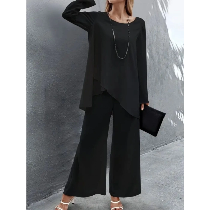 MDB Kadın Uzun Kollu Asimetrik Detaylı Salaş Sandy Bluz Ve Pantolon Ikili Takım